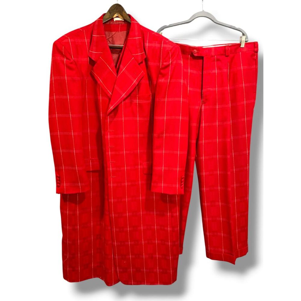 Size 46R Falcone Mens Retro 3 Piece Suit Long Jacket Vest Red Missing Buttons